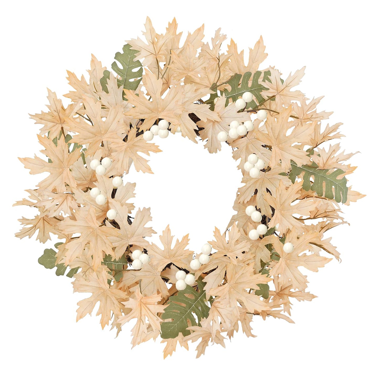 Artmag 18 Inch Fall Wreath Decoration for Front Door, Autumn Neutral Wreath with Maple Leaf Berry Harvest Pumpkins Pinecones for Fall Thanksgiving Halloween Decorations (White&Brown)