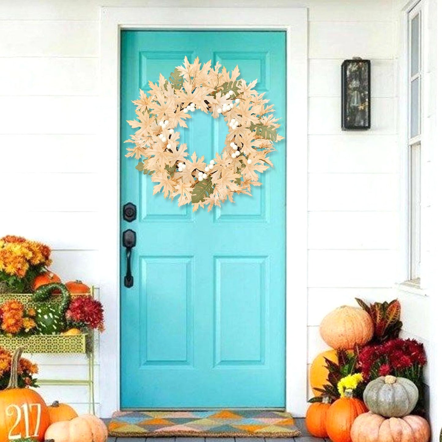 Artmag 18 Inch Fall Wreath Decoration for Front Door, Autumn Neutral Wreath with Maple Leaf Berry Harvest Pumpkins Pinecones for Fall Thanksgiving Halloween Decorations (White&Brown)