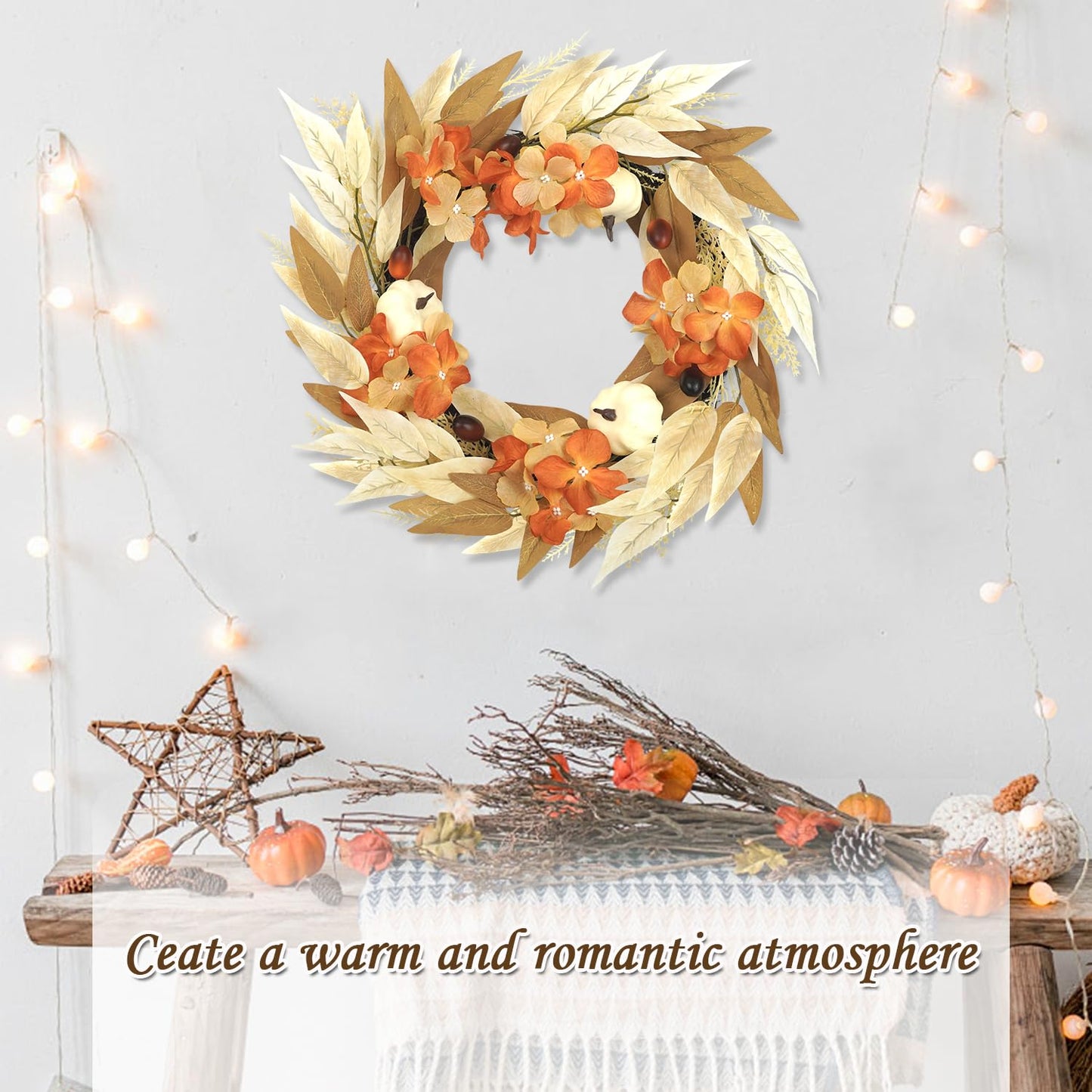 Artmag 18 Inch Fall Wreath Decoration for Front Door, Autumn Neutral Wreath with Maple Leaf Berry Harvest Pumpkins Pinecones for Fall Thanksgiving Halloween Decorations (White&Brown)