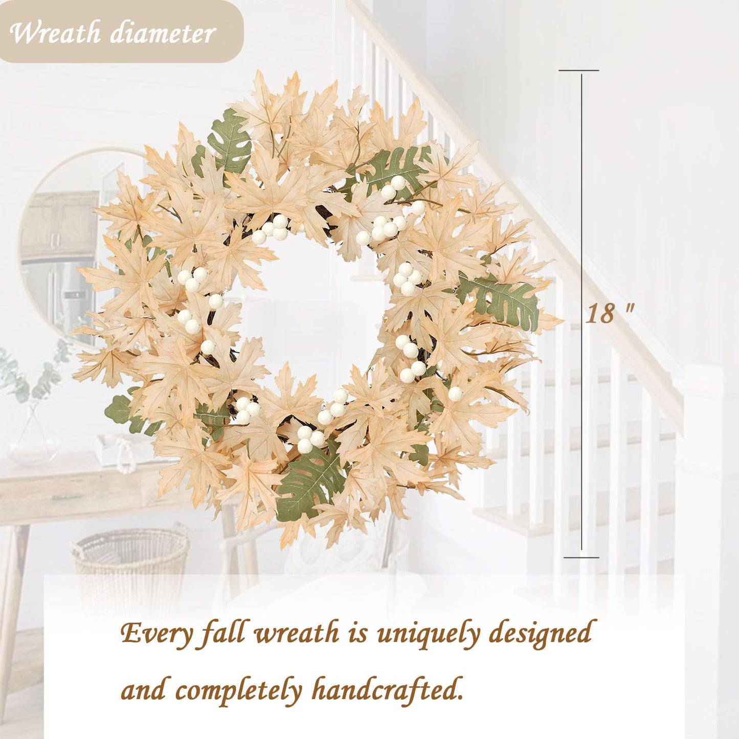 Artmag 18 Inch Fall Wreath Decoration for Front Door, Autumn Neutral Wreath with Maple Leaf Berry Harvest Pumpkins Pinecones for Fall Thanksgiving Halloween Decorations (White&Brown)