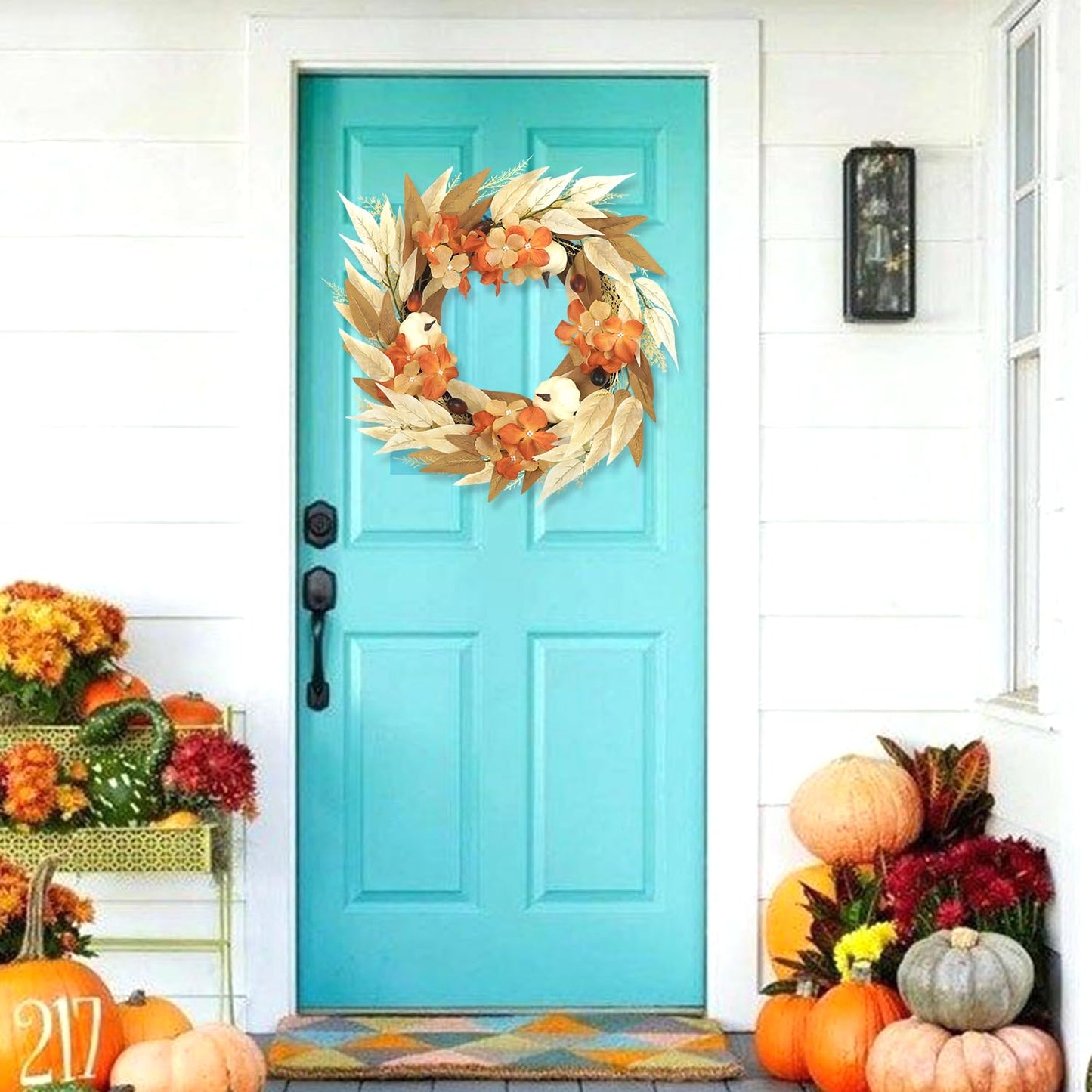 Artmag 18 Inch Fall Wreath Decoration for Front Door, Autumn Neutral Wreath with Maple Leaf Berry Harvest Pumpkins Pinecones for Fall Thanksgiving Halloween Decorations (White&Brown)