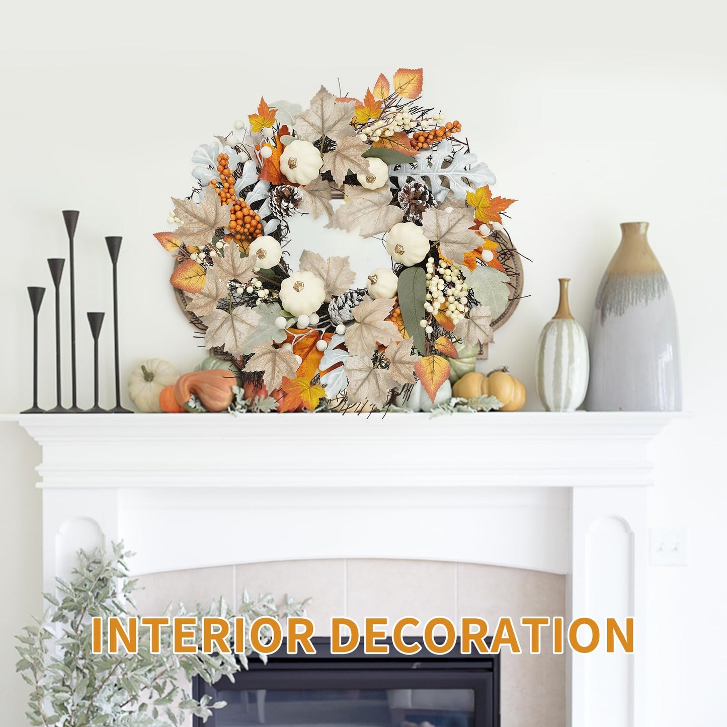 Artmag 18 Inch Fall Wreath Decoration for Front Door, Autumn Neutral Wreath with Maple Leaf Berry Harvest Pumpkins Pinecones for Fall Thanksgiving Halloween Decorations (White&Brown)