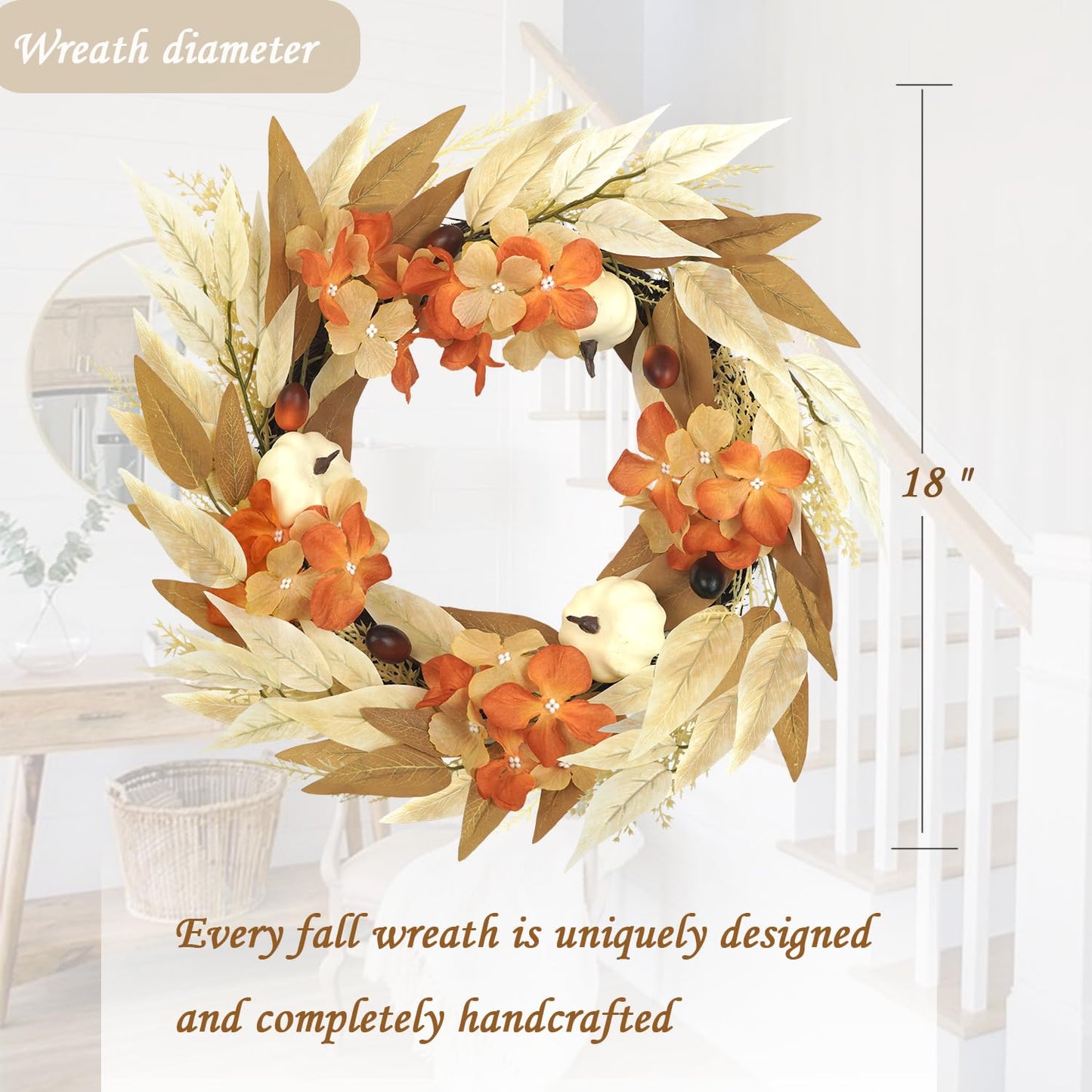 Artmag 18 Inch Fall Wreath Decoration for Front Door, Autumn Neutral Wreath with Maple Leaf Berry Harvest Pumpkins Pinecones for Fall Thanksgiving Halloween Decorations (White&Brown)