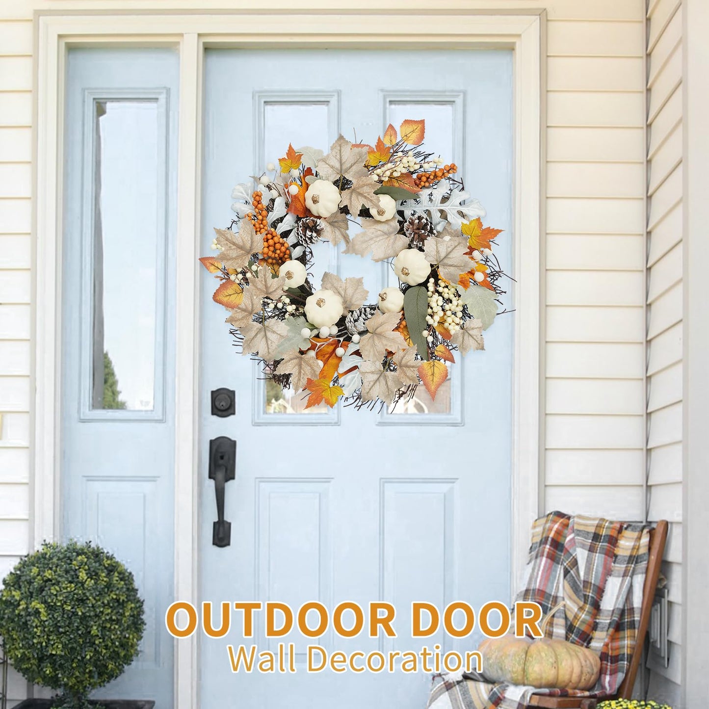 Artmag 18 Inch Fall Wreath Decoration for Front Door, Autumn Neutral Wreath with Maple Leaf Berry Harvest Pumpkins Pinecones for Fall Thanksgiving Halloween Decorations (White&Brown)