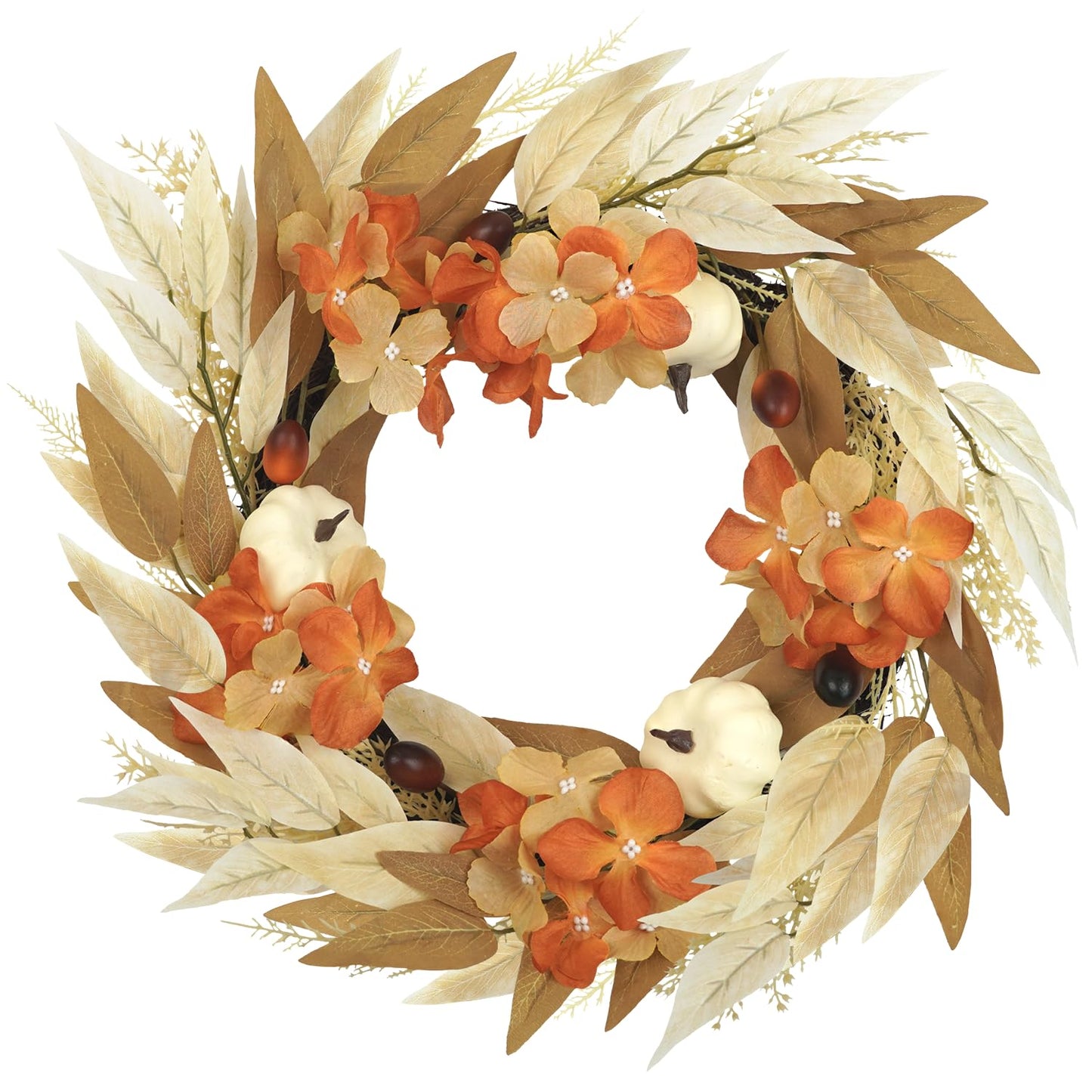 Artmag 18 Inch Fall Wreath Decoration for Front Door, Autumn Neutral Wreath with Maple Leaf Berry Harvest Pumpkins Pinecones for Fall Thanksgiving Halloween Decorations (White&Brown)