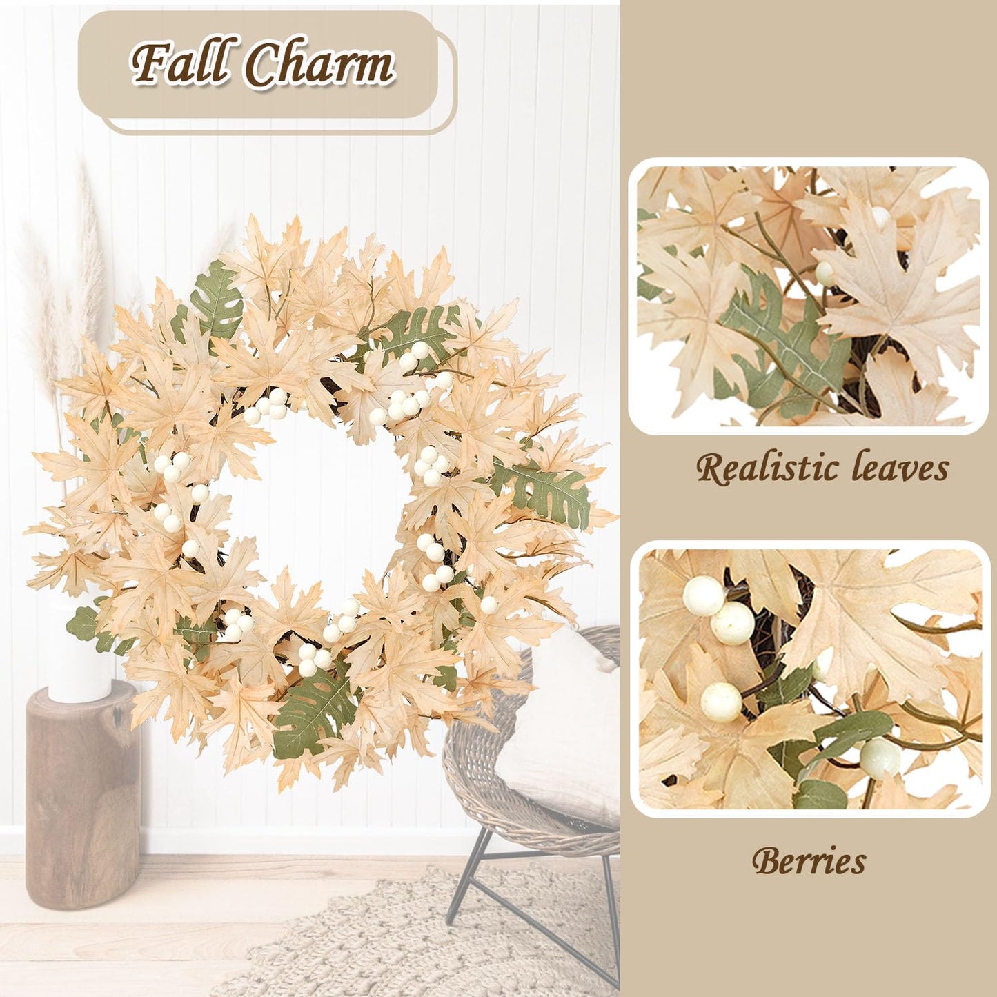 Artmag 18 Inch Fall Wreath Decoration for Front Door, Autumn Neutral Wreath with Maple Leaf Berry Harvest Pumpkins Pinecones for Fall Thanksgiving Halloween Decorations (White&Brown)