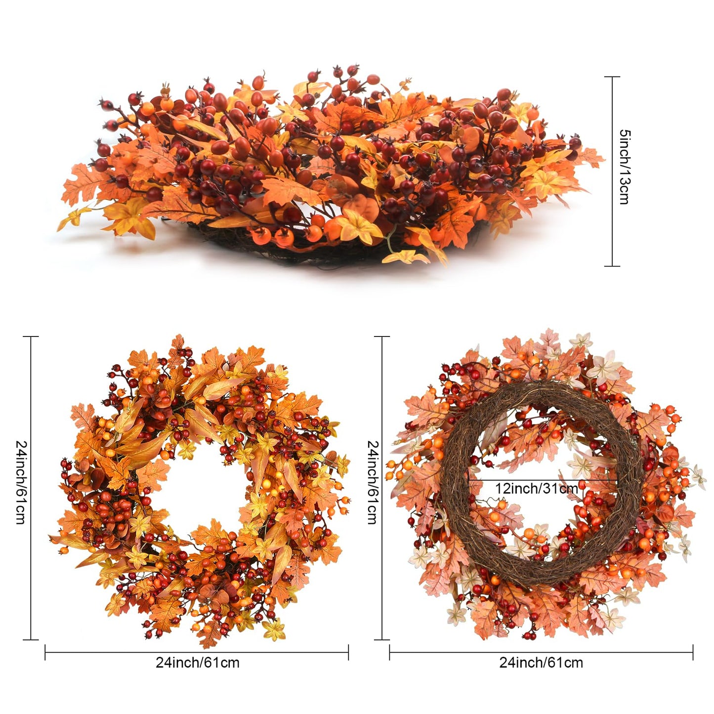 24 Inch Fall Wreath - Artificial Fall Wreaths for Front Door with Maple Leaves, Oak Leaves, Pumpkins Berries for Outside Indoor Wall Window Festival Thanksgiving Autumn Wreaths Decor