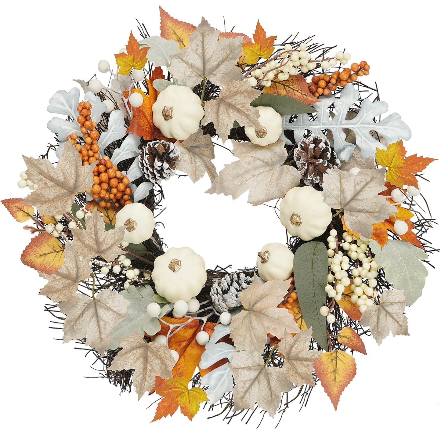 Artmag 18 Inch Fall Wreath Decoration for Front Door, Autumn Neutral Wreath with Maple Leaf Berry Harvest Pumpkins Pinecones for Fall Thanksgiving Halloween Decorations (White&Brown)