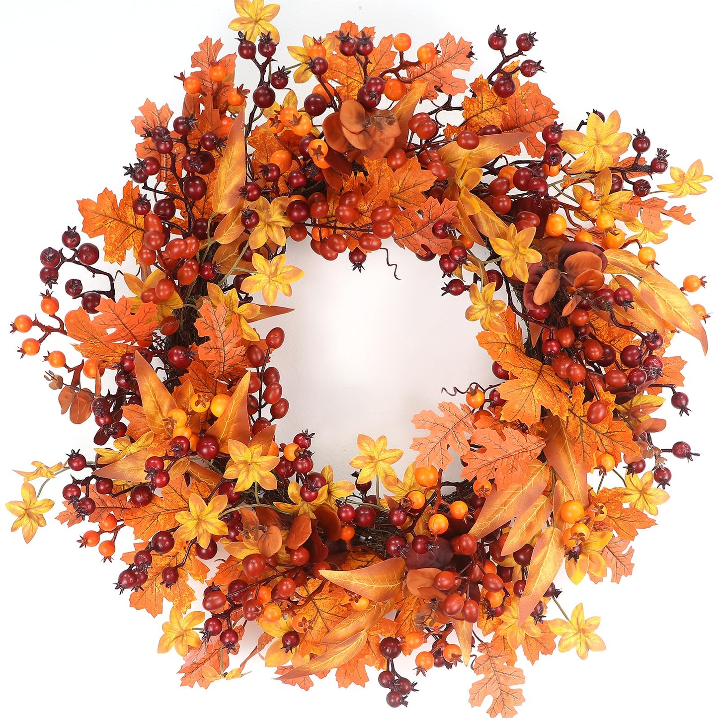 24 Inch Fall Wreath - Artificial Fall Wreaths for Front Door with Maple Leaves, Oak Leaves, Pumpkins Berries for Outside Indoor Wall Window Festival Thanksgiving Autumn Wreaths Decor