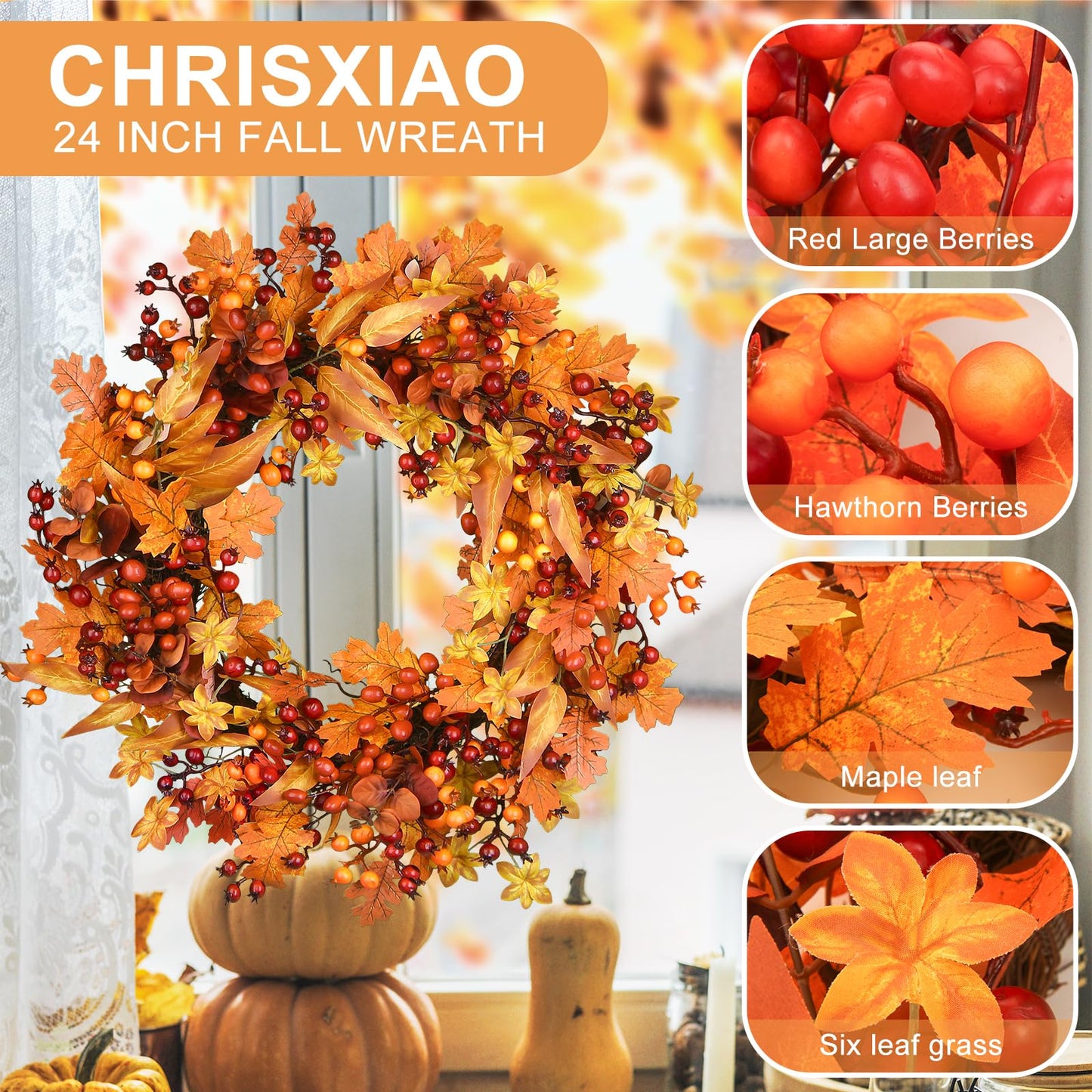 24 Inch Fall Wreath - Artificial Fall Wreaths for Front Door with Maple Leaves, Oak Leaves, Pumpkins Berries for Outside Indoor Wall Window Festival Thanksgiving Autumn Wreaths Decor