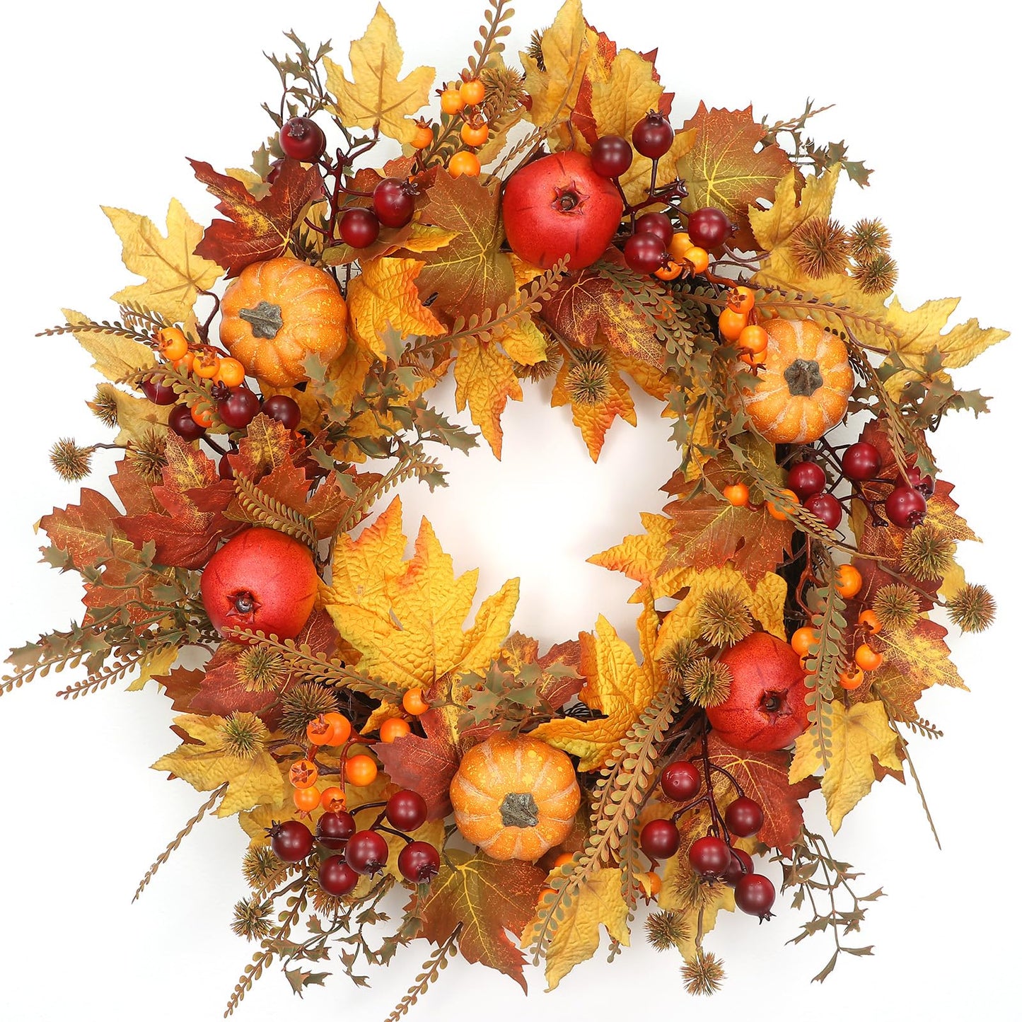 24 Inch Fall Wreath - Artificial Fall Wreaths for Front Door with Maple Leaves, Oak Leaves, Pumpkins Berries for Outside Indoor Wall Window Festival Thanksgiving Autumn Wreaths Decor