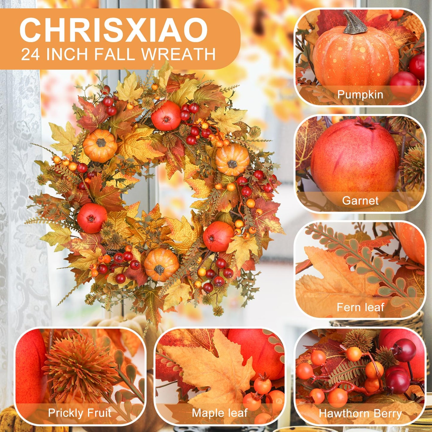 24 Inch Fall Wreath - Artificial Fall Wreaths for Front Door with Maple Leaves, Oak Leaves, Pumpkins Berries for Outside Indoor Wall Window Festival Thanksgiving Autumn Wreaths Decor