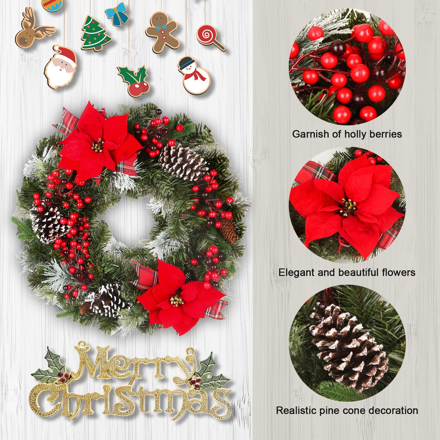 24 Inch Christmas Wreath Green Leaves Wreath for Front Door Artificial Eucalyptus Wreath with Berry and Pine Branches Christmas Decorations Indoor and Outdoor Holiday Decorations