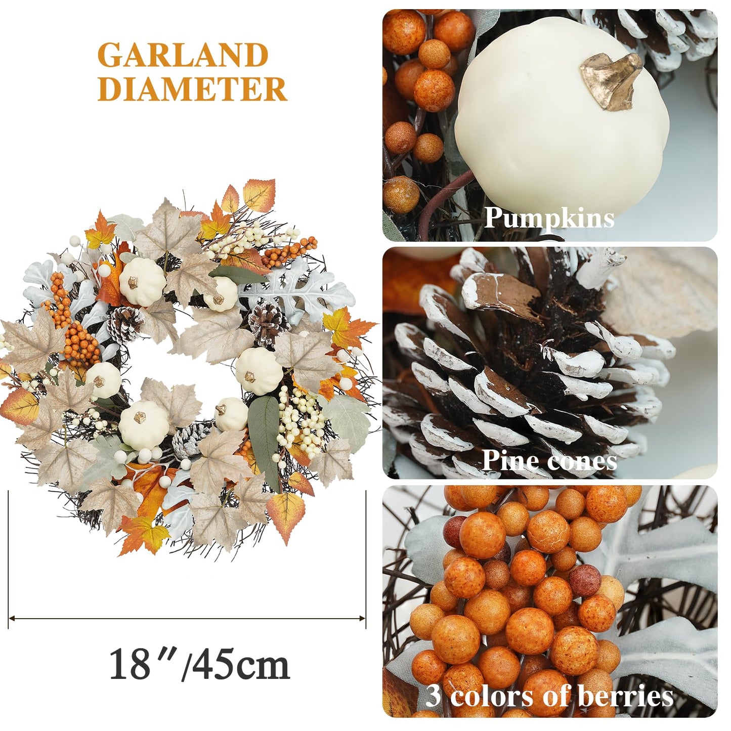 Artmag 18 Inch Fall Wreath Decoration for Front Door, Autumn Neutral Wreath with Maple Leaf Berry Harvest Pumpkins Pinecones for Fall Thanksgiving Halloween Decorations (White&Brown)