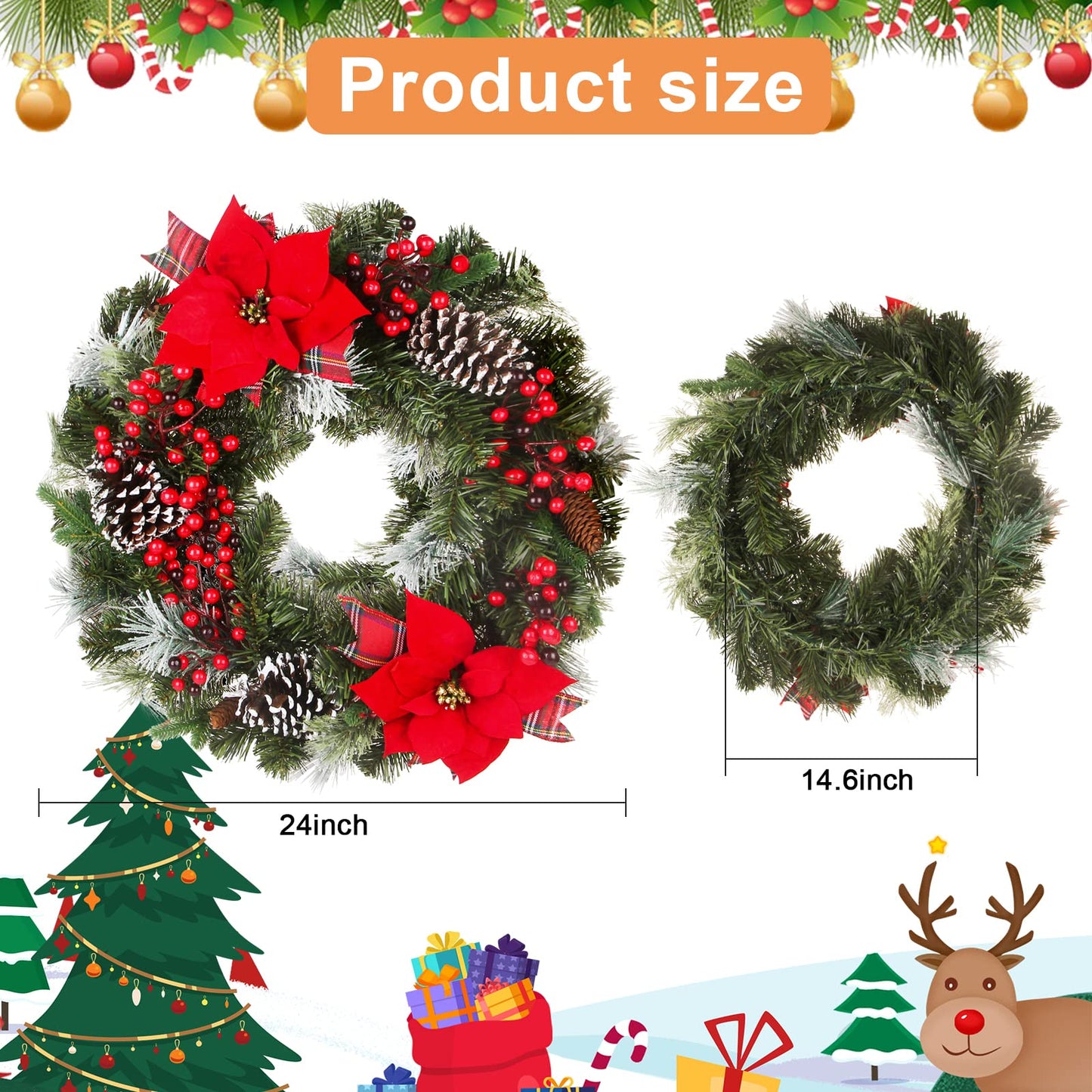 24 Inch Christmas Wreath Green Leaves Wreath for Front Door Artificial Eucalyptus Wreath with Berry and Pine Branches Christmas Decorations Indoor and Outdoor Holiday Decorations