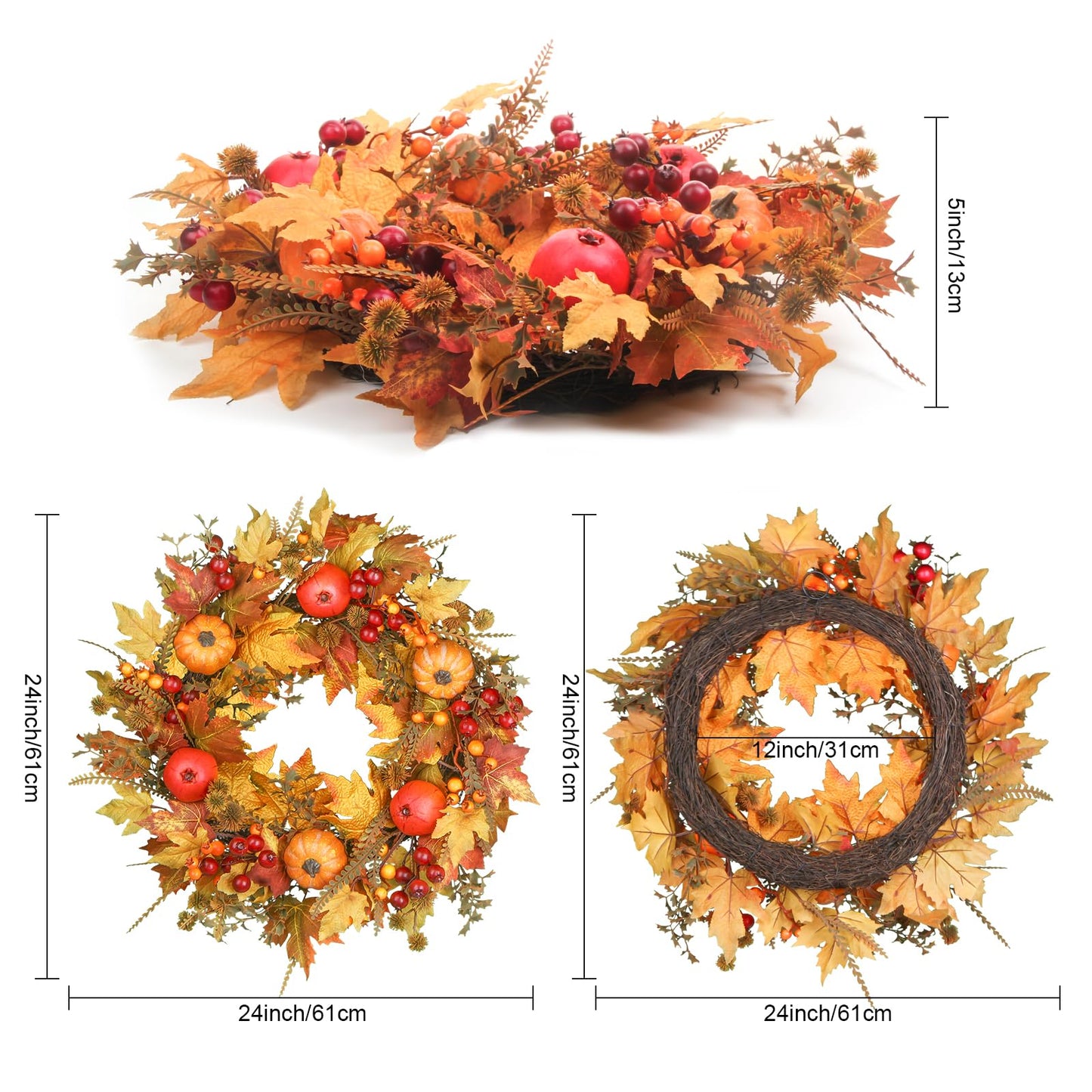 24 Inch Fall Wreath - Artificial Fall Wreaths for Front Door with Maple Leaves, Oak Leaves, Pumpkins Berries for Outside Indoor Wall Window Festival Thanksgiving Autumn Wreaths Decor