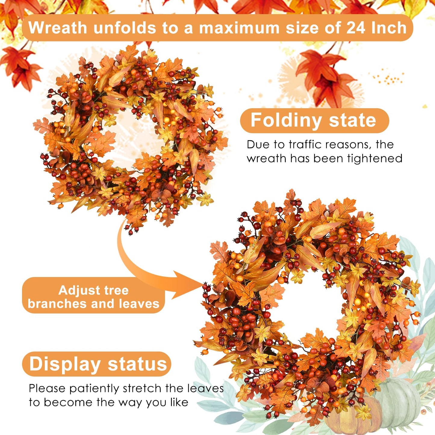 24 Inch Fall Wreath - Artificial Fall Wreaths for Front Door with Maple Leaves, Oak Leaves, Pumpkins Berries for Outside Indoor Wall Window Festival Thanksgiving Autumn Wreaths Decor