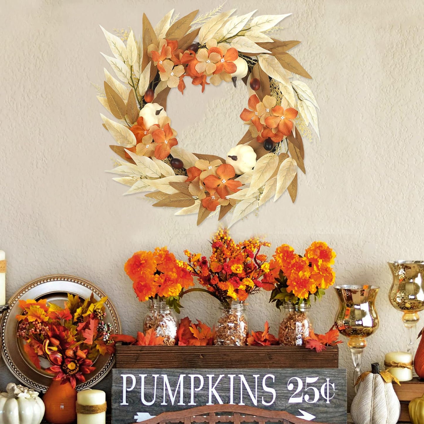 Artmag 18 Inch Fall Wreath Decoration for Front Door, Autumn Neutral Wreath with Maple Leaf Berry Harvest Pumpkins Pinecones for Fall Thanksgiving Halloween Decorations (White&Brown)