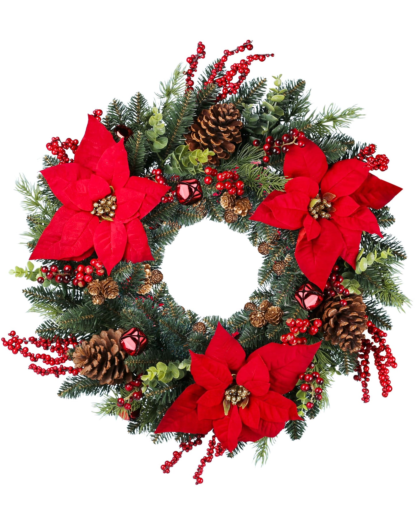 24 Inch Christmas Wreath Green Leaves Wreath for Front Door Artificial Eucalyptus Wreath with Berry and Pine Branches Christmas Decorations Indoor and Outdoor Holiday Decorations