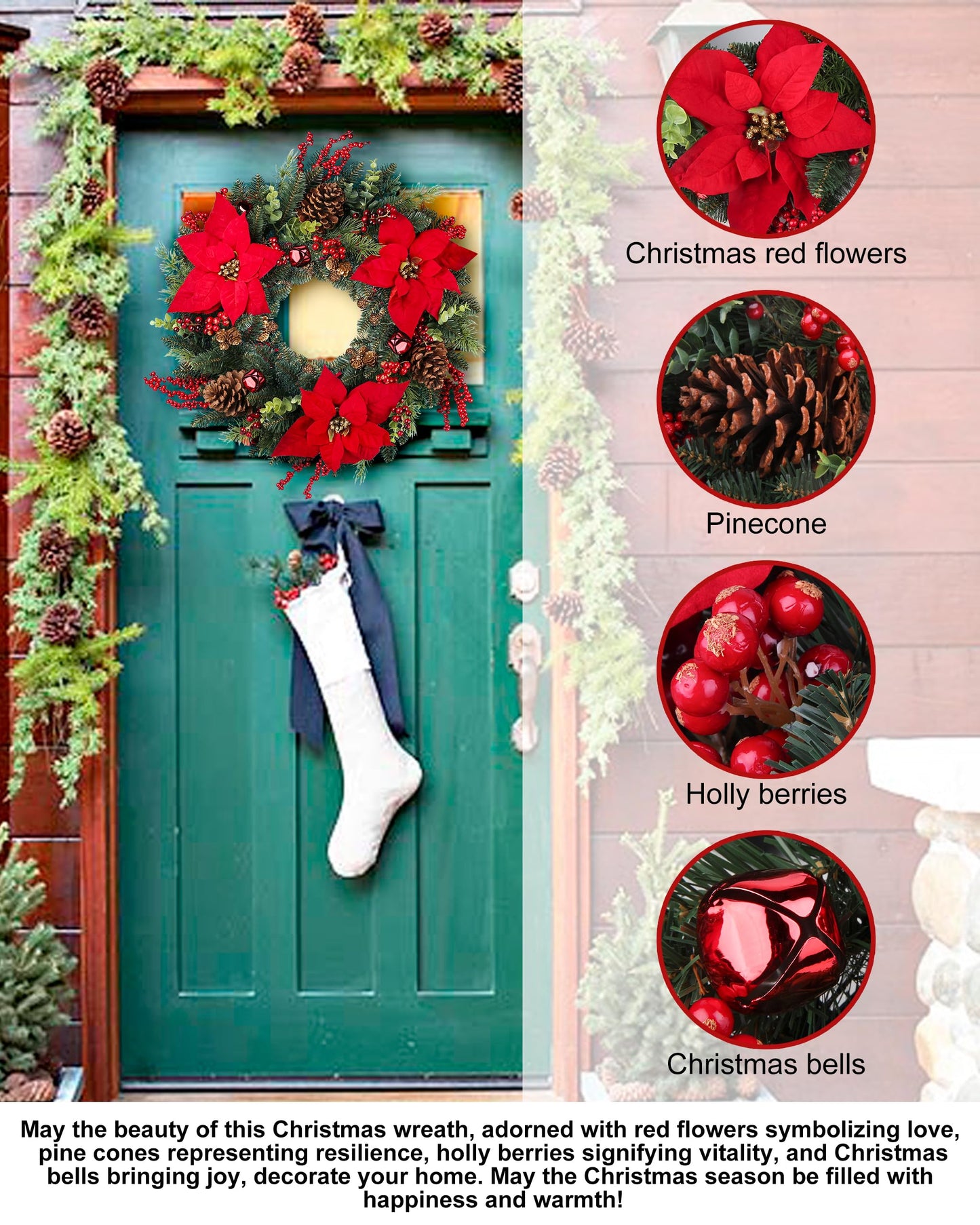 24 Inch Christmas Wreath Green Leaves Wreath for Front Door Artificial Eucalyptus Wreath with Berry and Pine Branches Christmas Decorations Indoor and Outdoor Holiday Decorations