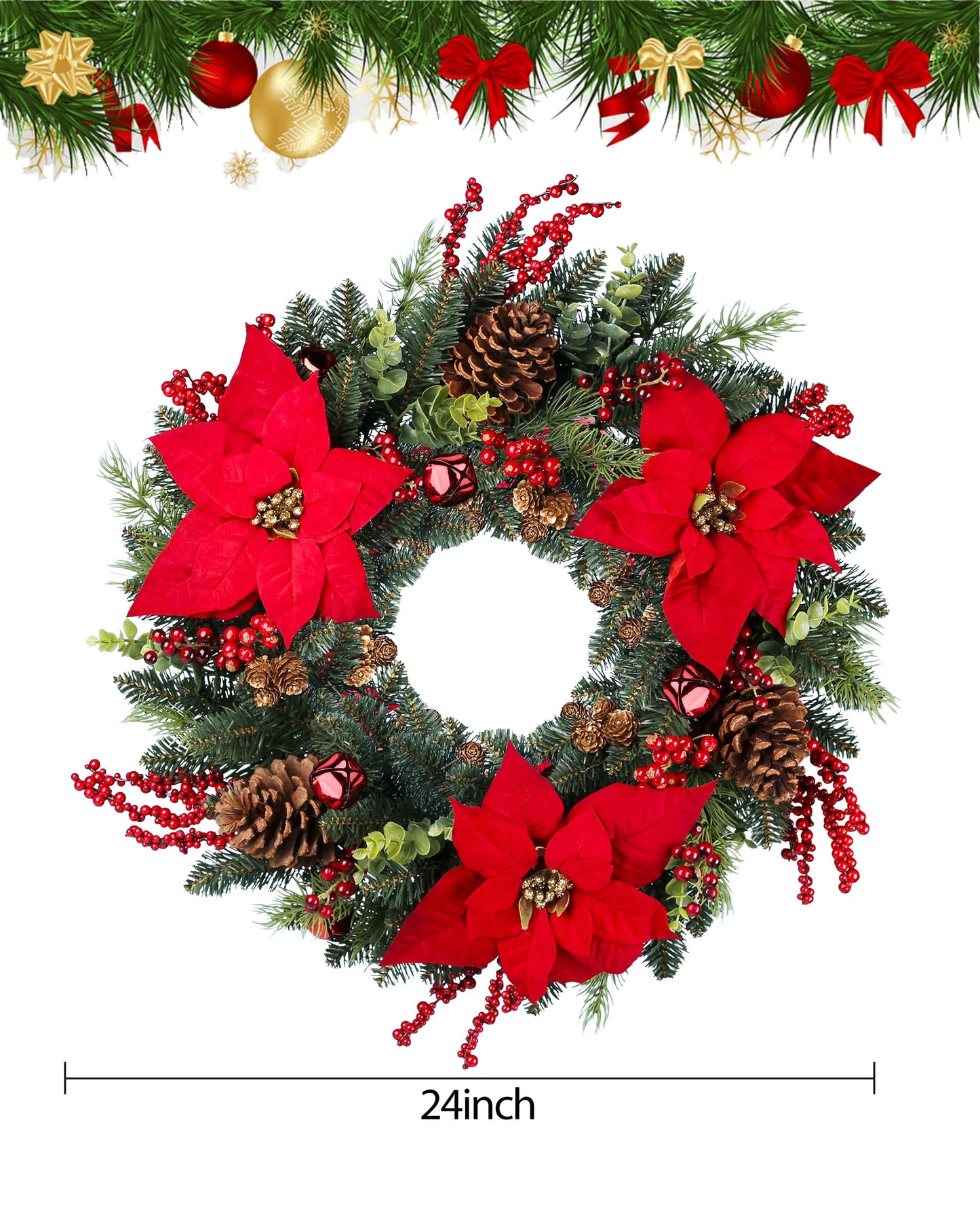 24 Inch Christmas Wreath Green Leaves Wreath for Front Door Artificial Eucalyptus Wreath with Berry and Pine Branches Christmas Decorations Indoor and Outdoor Holiday Decorations